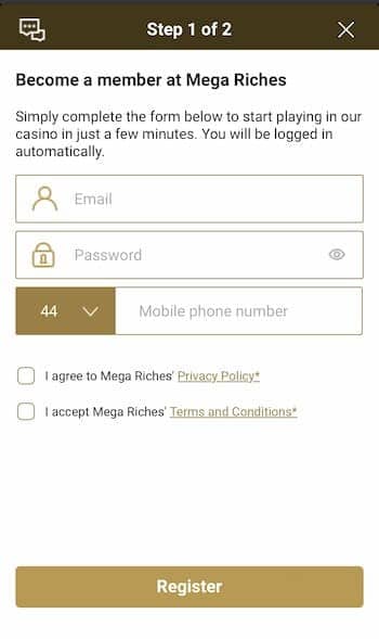 Mega Riches Sign up 2