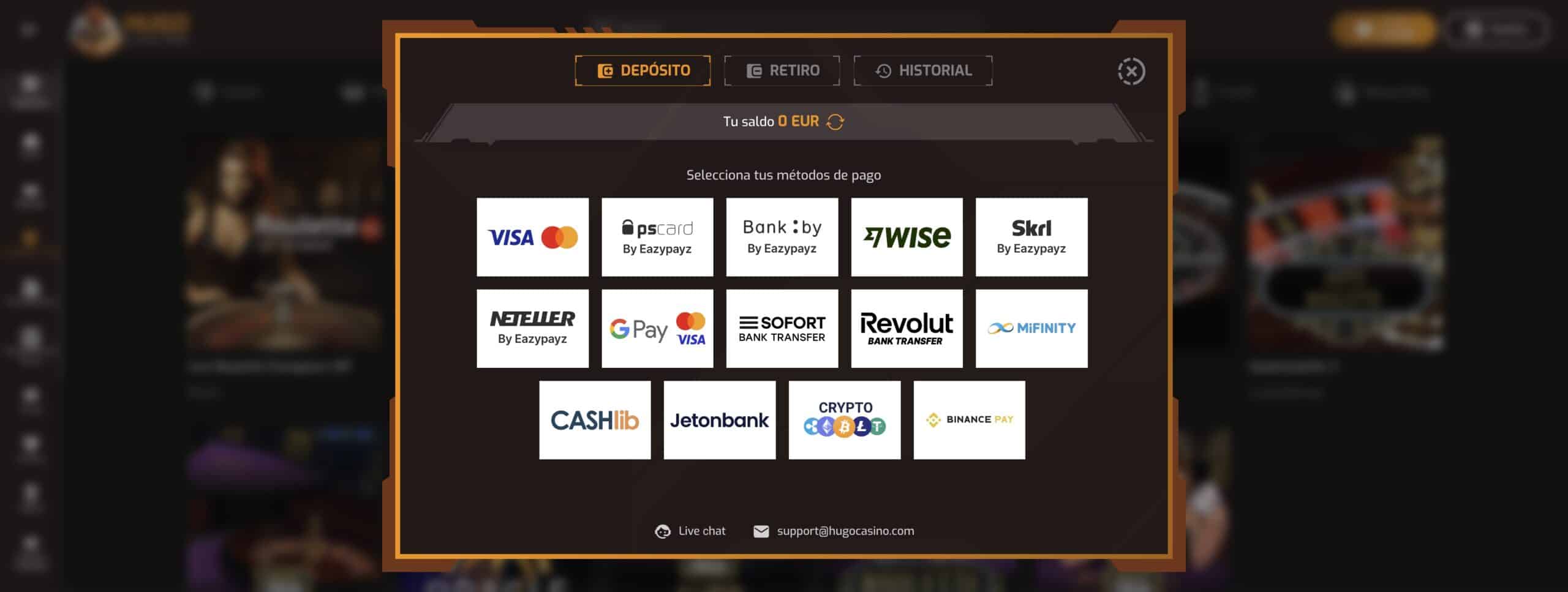 Depósitos y retiros en Hugo Casino
