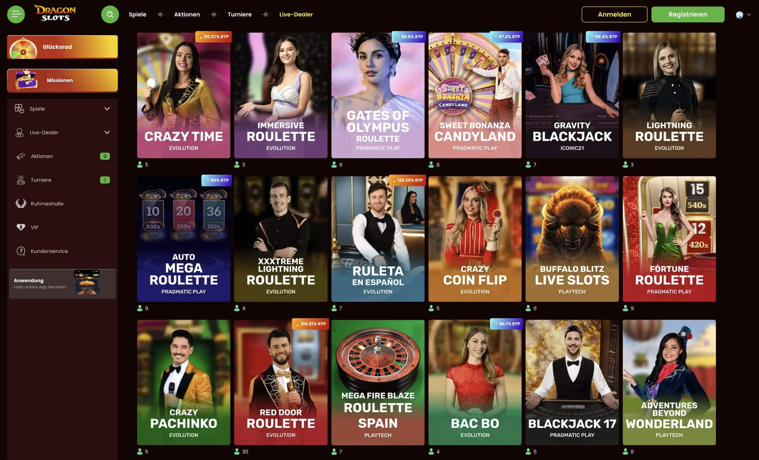 DragonSlots Live-Casino-Spiele