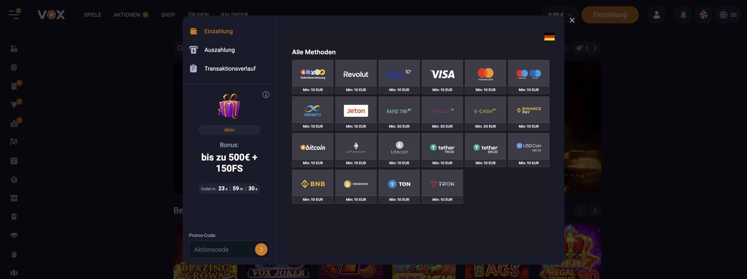 Ein- und Auszahlungen im Vox Casino