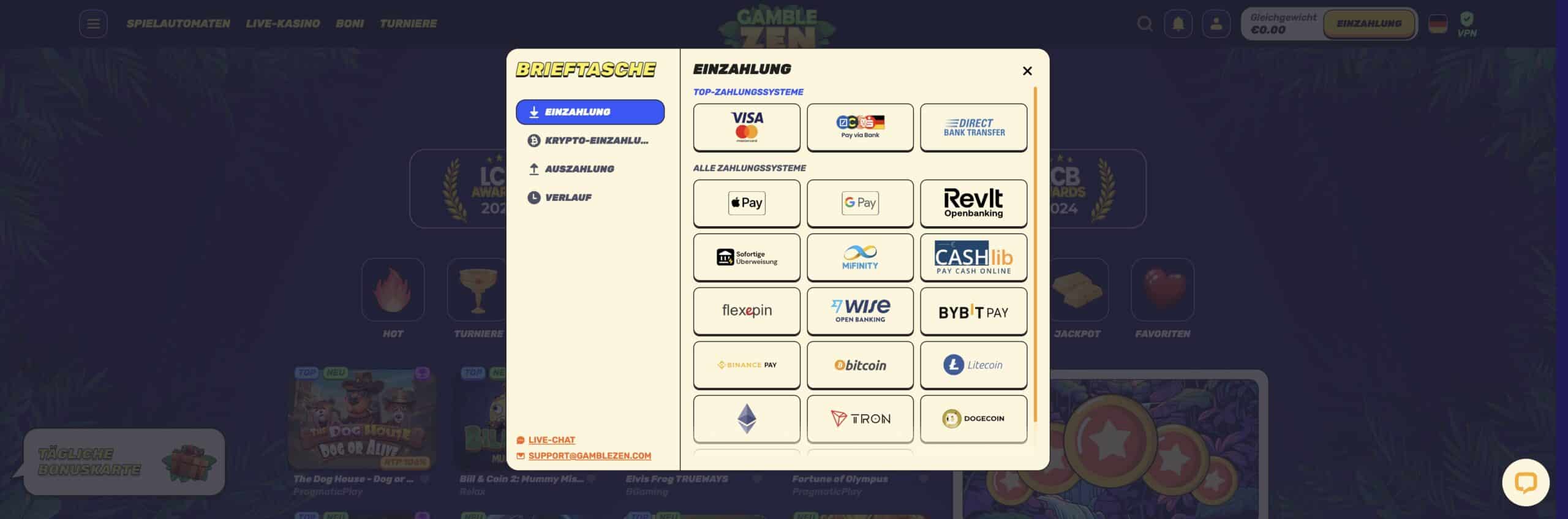 Gamblezen Casino Ein- und Auszahlungen