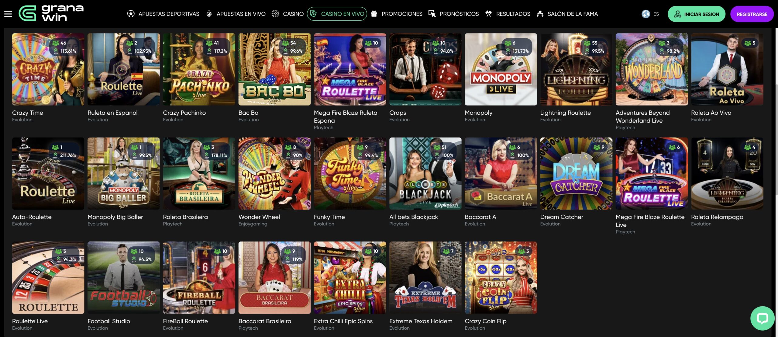 Granawin juegos de casino en vivo