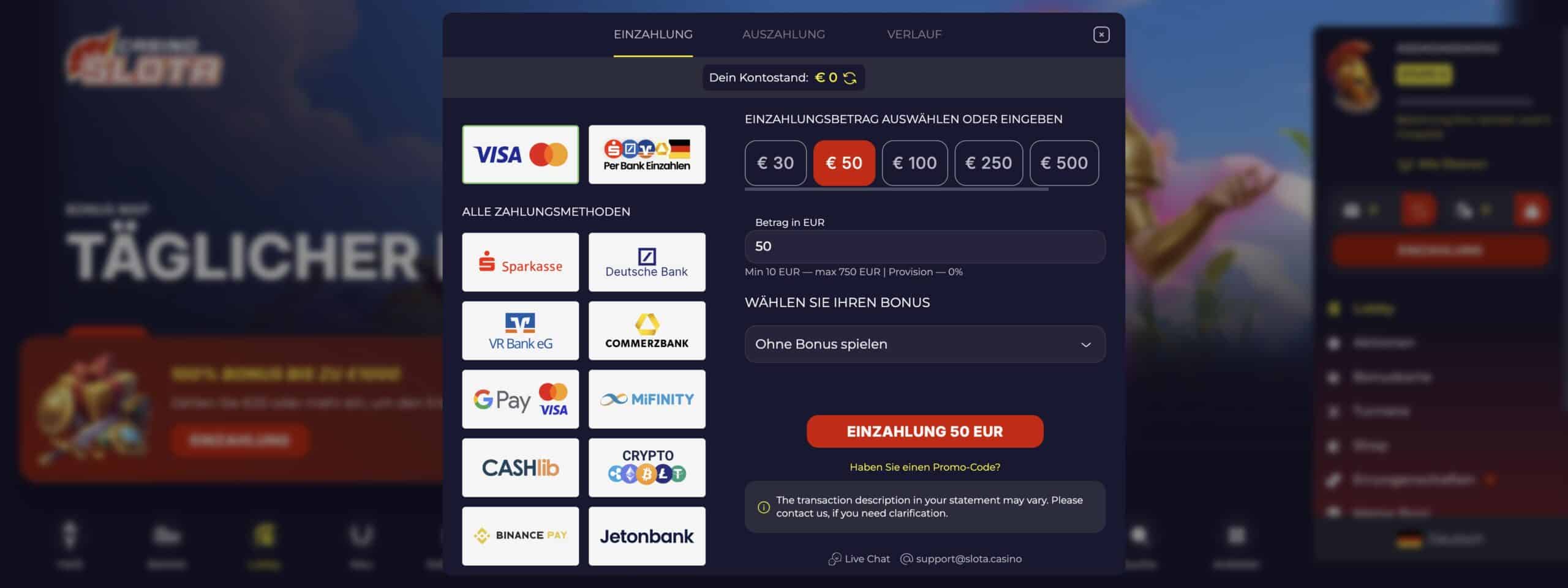 Slota Casino Ein- und Auszahlungen