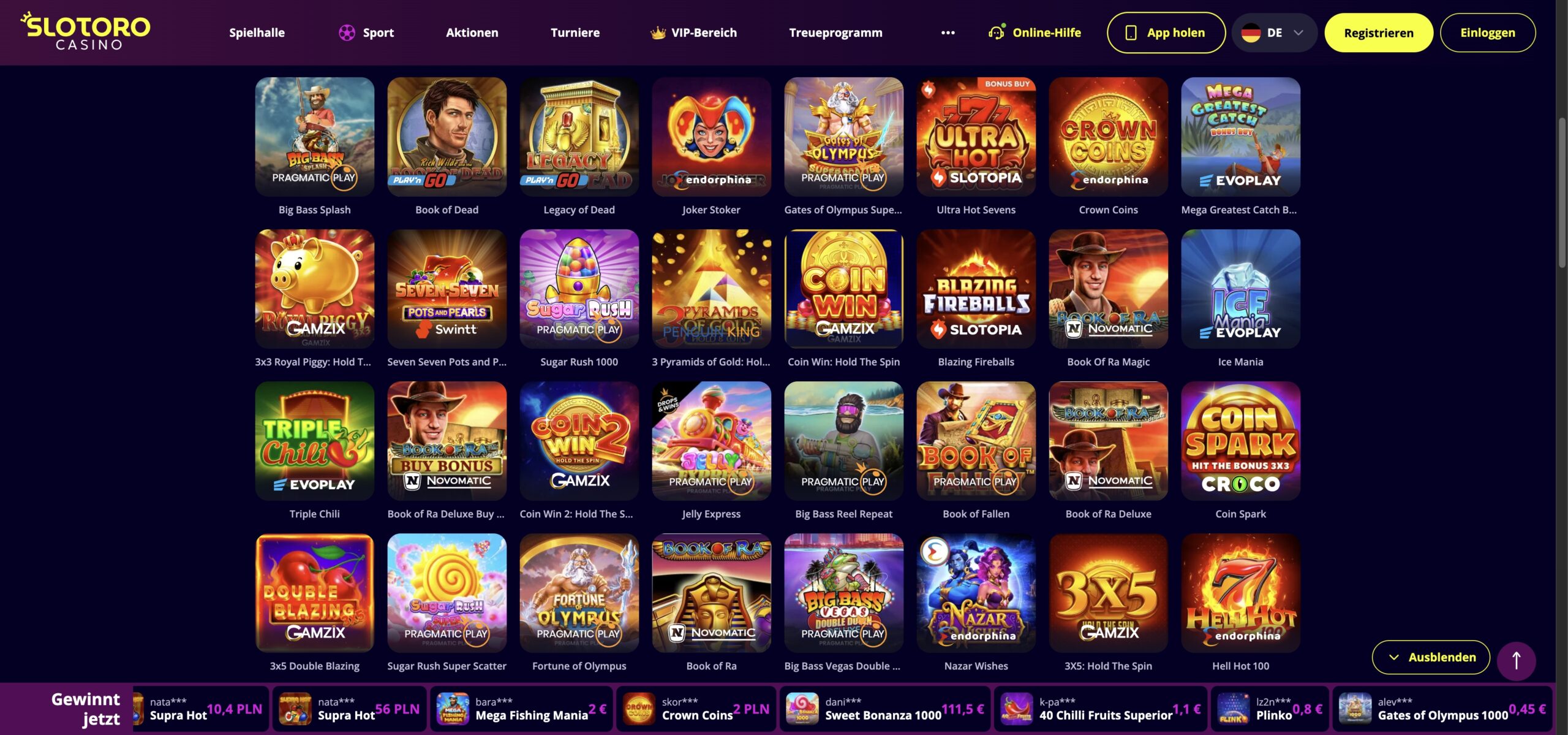 Slotoro Casino-Spielauswahl