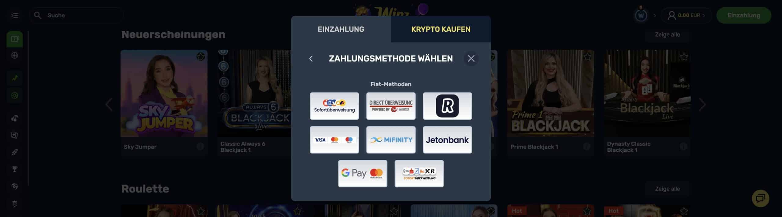 Winz.io Casino Ein- und Auszahlungen