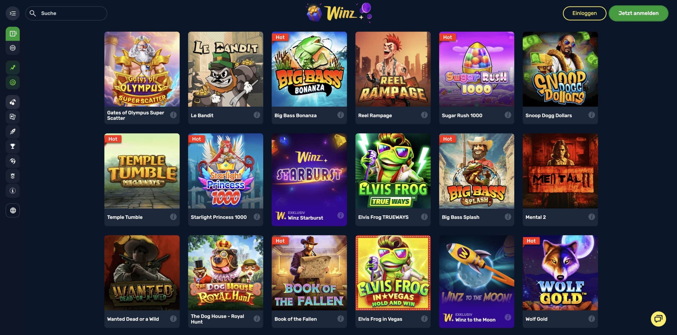 Winz.io Casino-Spielauswahl
