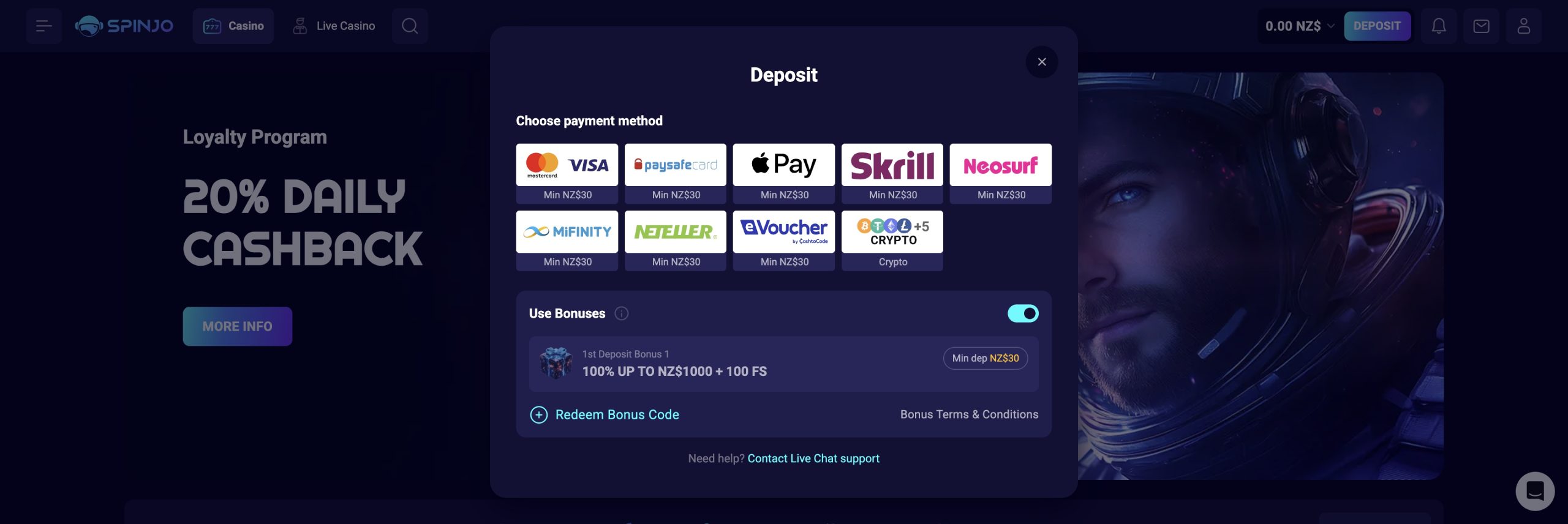Spinjo Casino - Deposits and withdrawals
