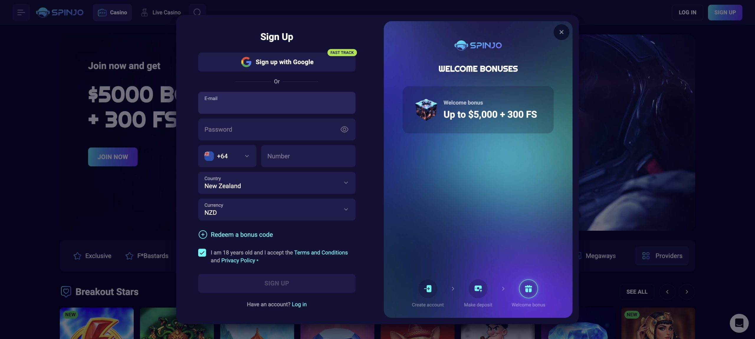 Spinjo Casino - Registration