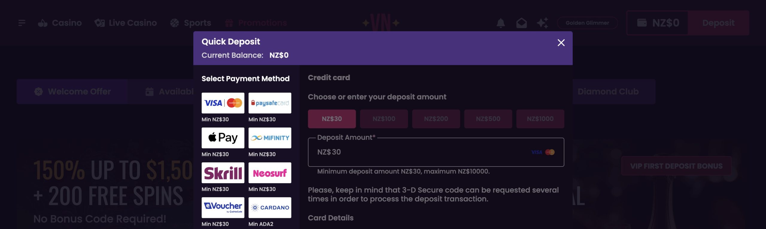 VegasNow Deposits and withdrawals